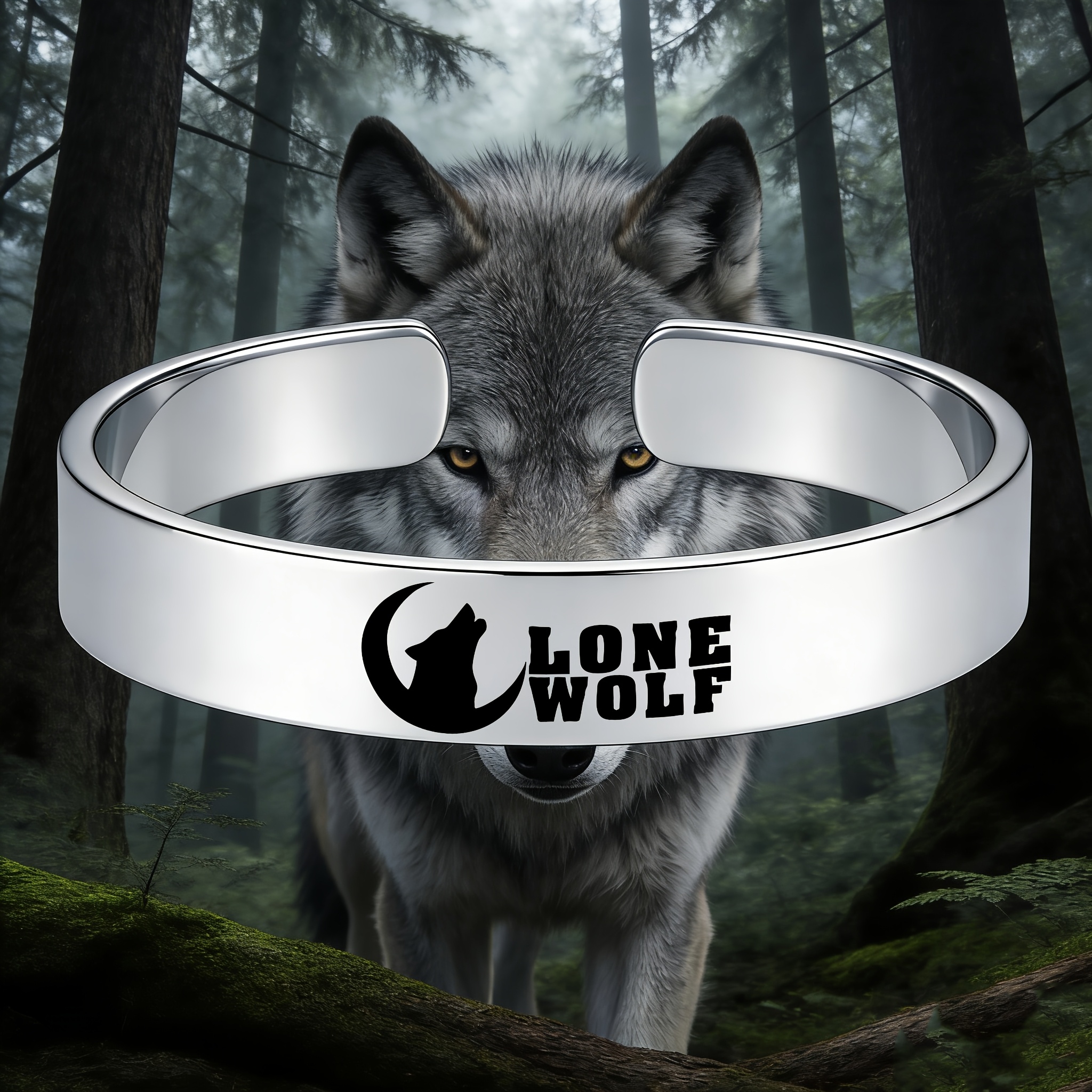 Men's 304 Stainless Steel Lone Wolf Open Bangle, Rugged Style